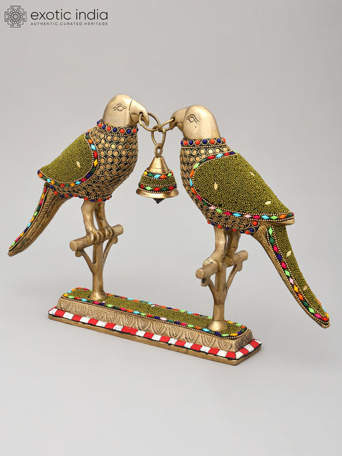 14" Decorative Pair of Parrots with Bell | Brass Statue with Inlay Work