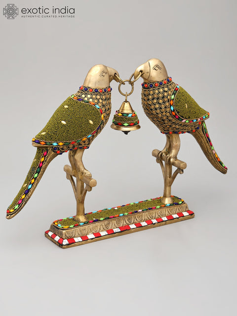 14" Decorative Pair of Parrots with Bell | Brass Statue with Inlay Work