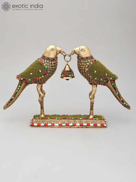 14" Decorative Pair of Parrots with Bell | Brass Statue with Inlay Work