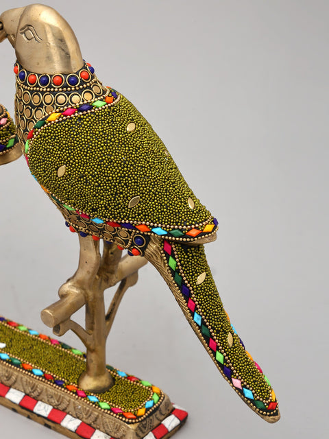 14" Decorative Pair of Parrots with Bell | Brass Statue with Inlay Work