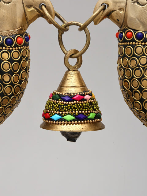 14" Decorative Pair of Parrots with Bell | Brass Statue with Inlay Work