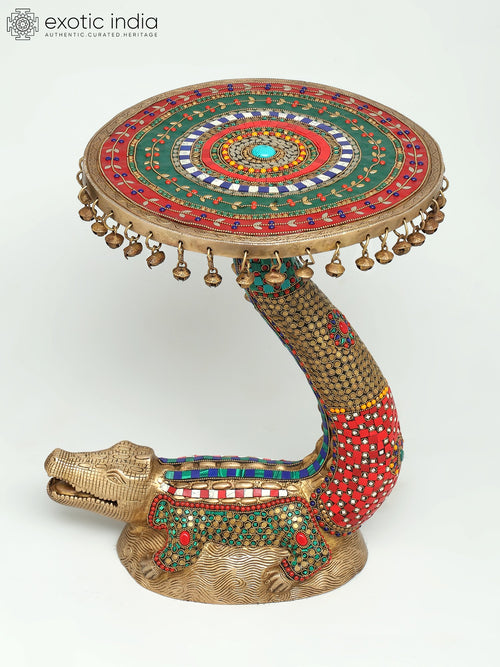 19" Crocodile Design Brass Table with Ghungroos Inlay