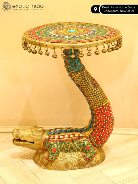 19" Crocodile Design Round Table with Dangling Ghungroos | Brass with Inlay Work