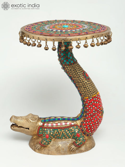 19" Crocodile Design Round Table with Dangling Ghungroos | Brass with Inlay Work