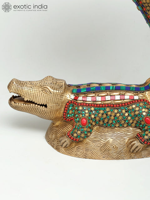 19" Crocodile Design Round Table with Dangling Ghungroos | Brass with Inlay Work