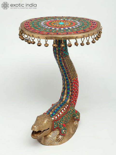 19" Crocodile Design Round Table with Dangling Ghungroos | Brass with Inlay Work