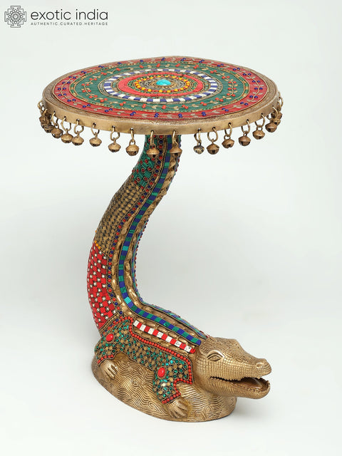 19" Crocodile Design Round Table with Dangling Ghungroos | Brass with Inlay Work