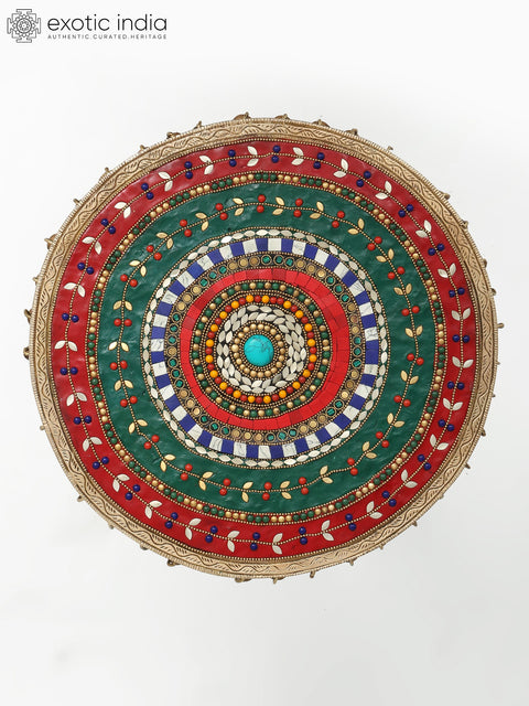 19" Crocodile Design Round Table with Dangling Ghungroos | Brass with Inlay Work