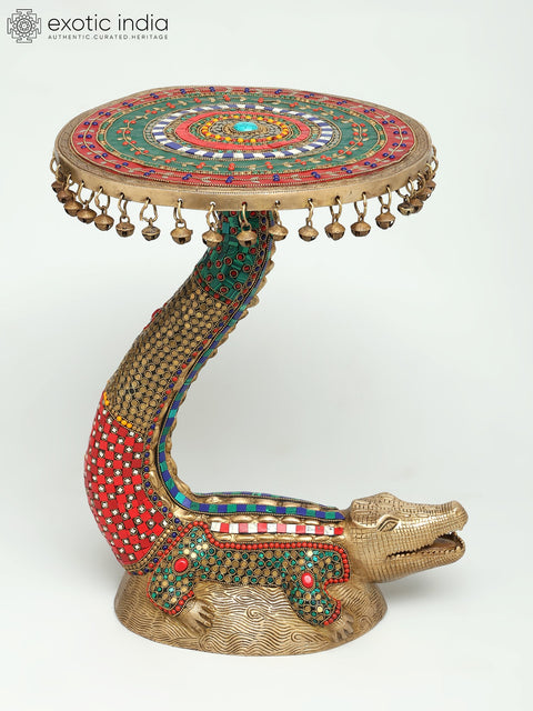 19" Crocodile Design Round Table with Dangling Ghungroos | Brass with Inlay Work