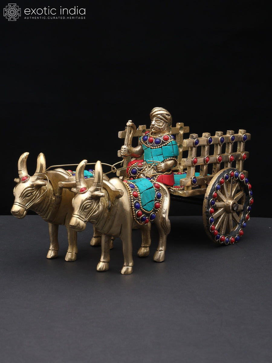9" Brass Bullock Cart with Inlay Work Decorative Showpiece