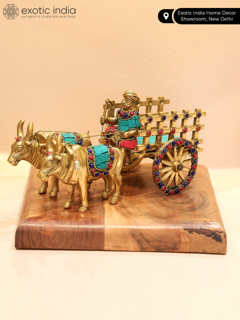 9" Brass Bullock Cart with Inlay Work | Decorative Showpiece