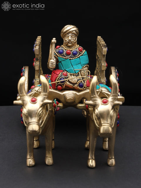 9" Brass Bullock Cart with Inlay Work | Decorative Showpiece