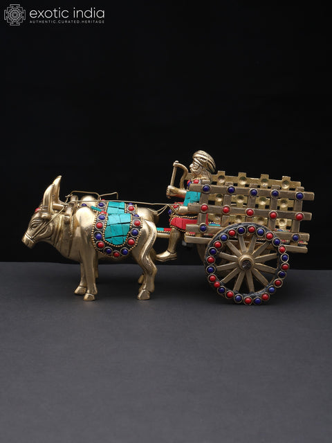 9" Brass Bullock Cart with Inlay Work | Decorative Showpiece