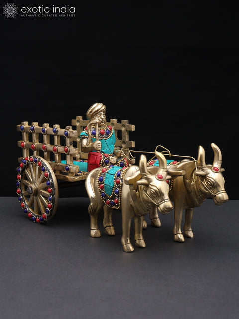 9" Brass Bullock Cart with Inlay Work | Decorative Showpiece