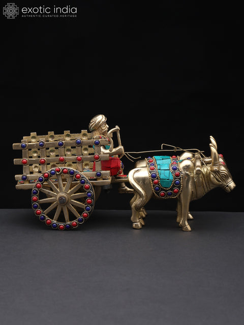 9" Brass Bullock Cart with Inlay Work | Decorative Showpiece