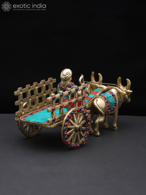 9" Brass Bullock Cart with Inlay Work | Decorative Showpiece