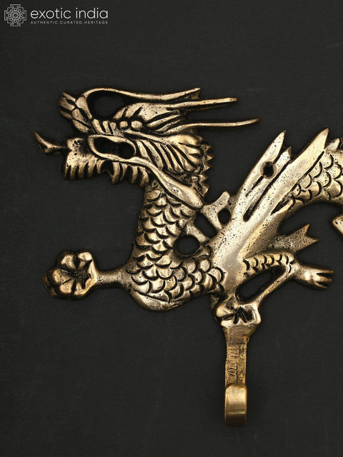 12" Brass Wall Hanging Dragon with Hooks | Home Decor