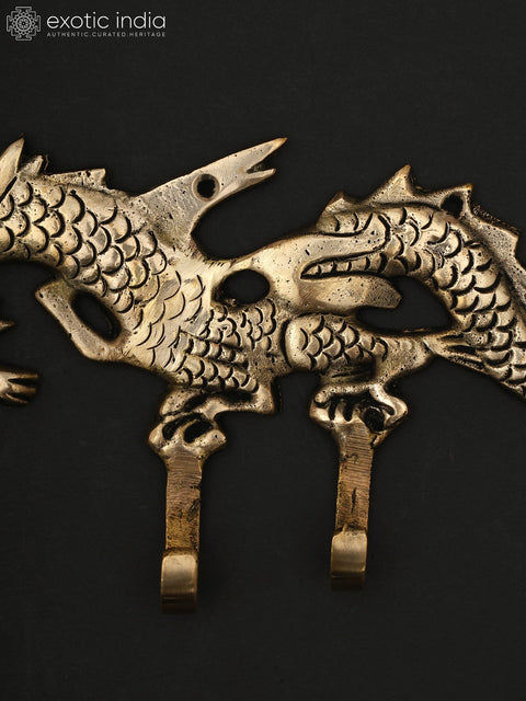 12" Brass Wall Hanging Dragon with Hooks | Home Decor
