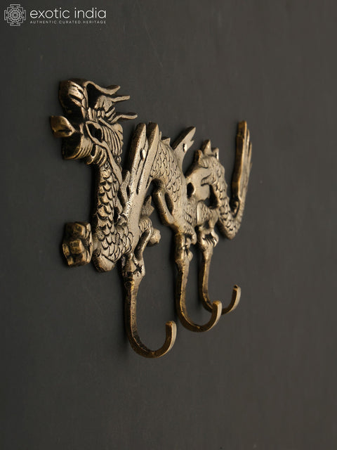 12" Brass Wall Hanging Dragon with Hooks | Home Decor