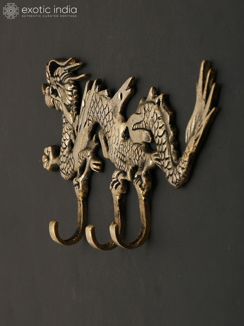 12" Brass Wall Hanging Dragon with Hooks | Home Decor