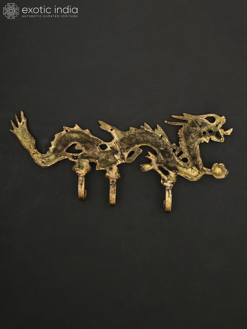 12" Brass Wall Hanging Dragon with Hooks | Home Decor