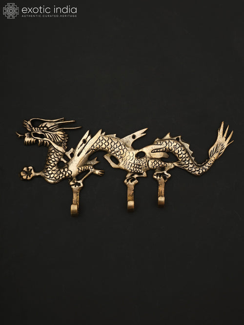 12" Brass Dragon Wall Hanging with Hooks for Home Decor