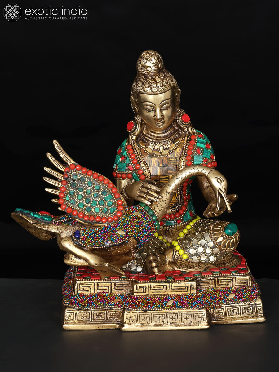 9" Lord Buddha Healing The Swan Brass Statue with Inlay Work