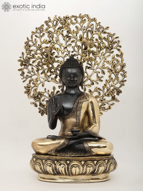 20" Lord Buddha Vitark Mudra Brass Statue Under Bodhi Tree