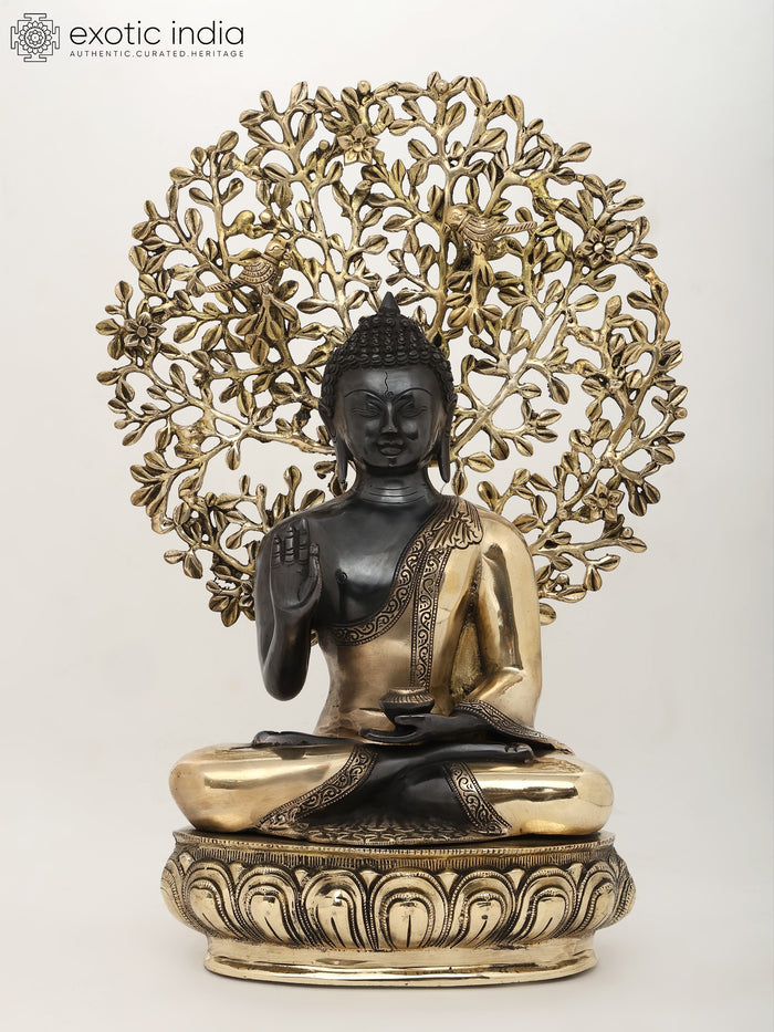 20" Lord Buddha Vitark Mudra Brass Statue Under Bodhi Tree