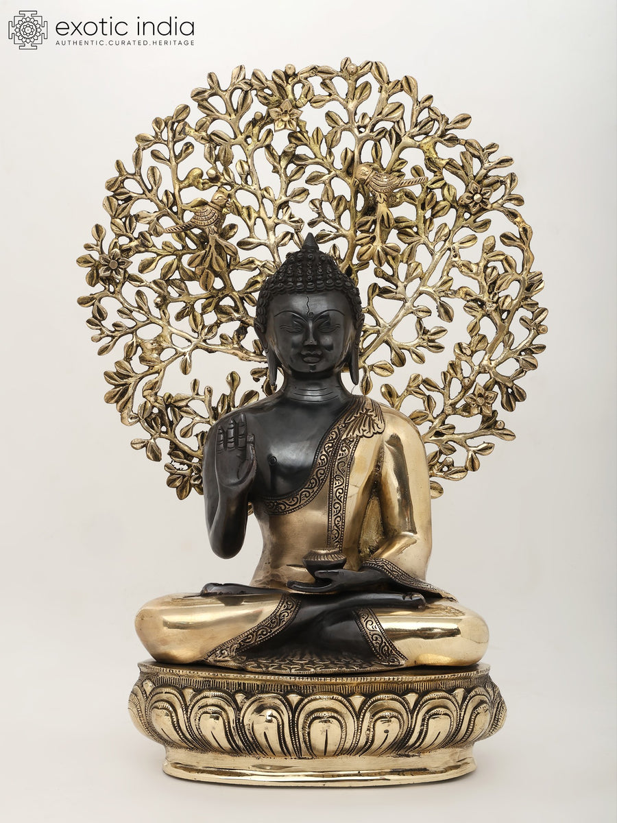 20" Lord Buddha Vitark Mudra Brass Statue Under Bodhi Tree
