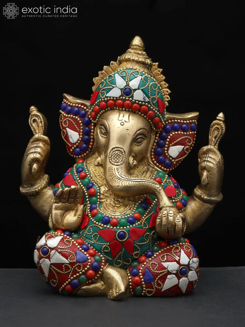 6" Small Four Armed Sitting Lord Ganesha | Brass Statue with Inlay Work