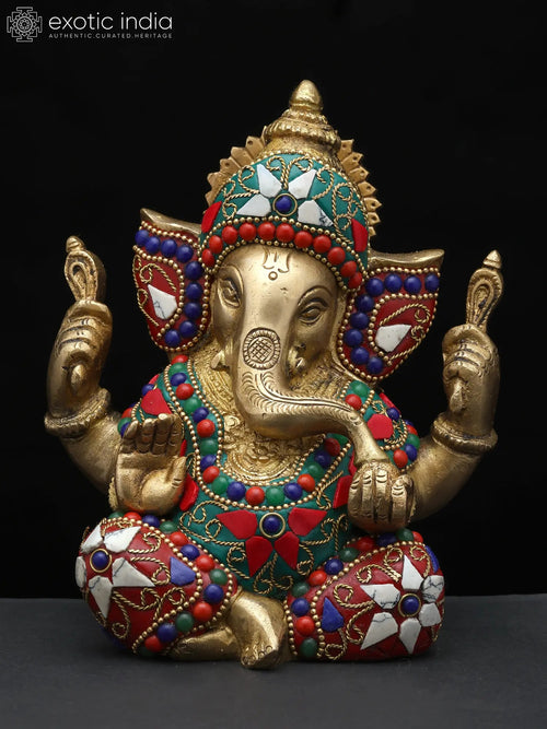 6" Four Armed Sitting Ganesha Brass Statue with Inlay Work