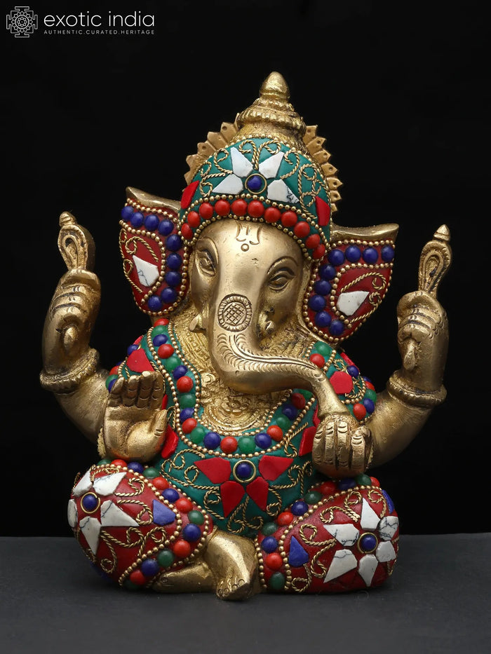 6" Four Armed Sitting Ganesha Brass Statue with Inlay Work