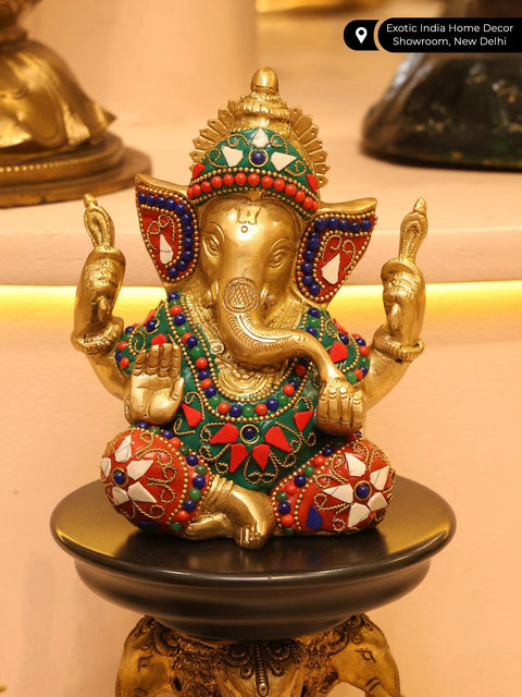 6" Small Four Armed Sitting Lord Ganesha | Brass Statue with Inlay Work