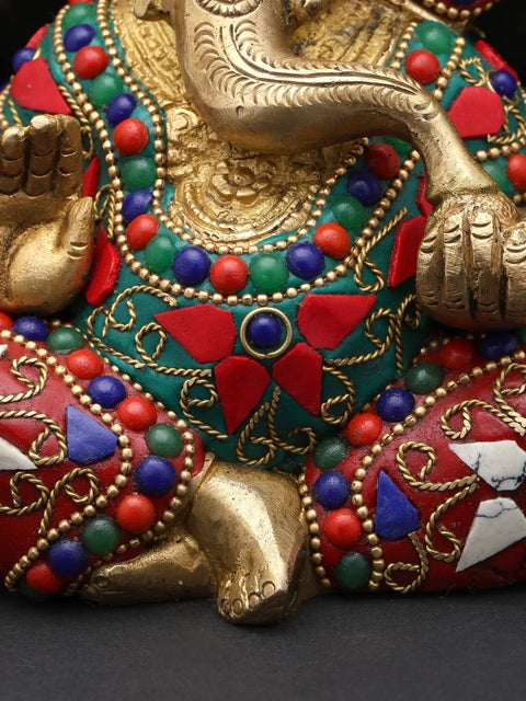 6" Small Four Armed Sitting Lord Ganesha | Brass Statue with Inlay Work