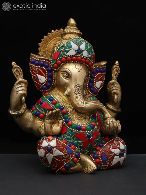 6" Small Four Armed Sitting Lord Ganesha | Brass Statue with Inlay Work