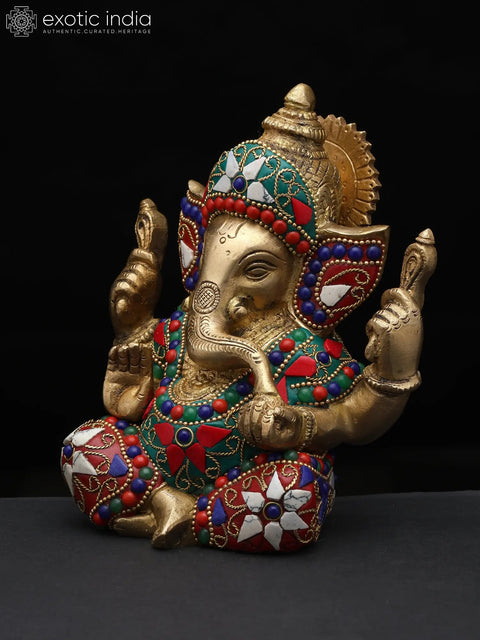 6" Small Four Armed Sitting Lord Ganesha | Brass Statue with Inlay Work