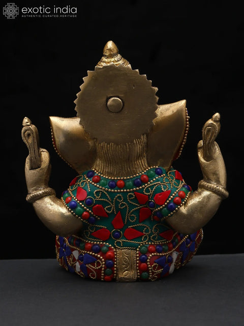 6" Small Four Armed Sitting Lord Ganesha | Brass Statue with Inlay Work