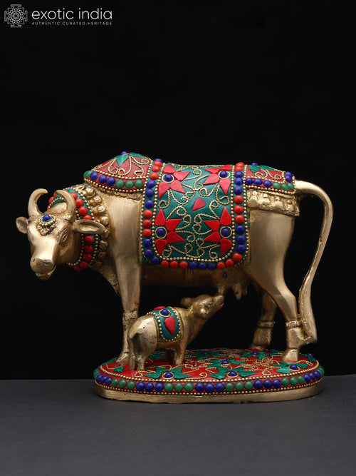 7" Brass Cow and Calf Statue with Inlay Work