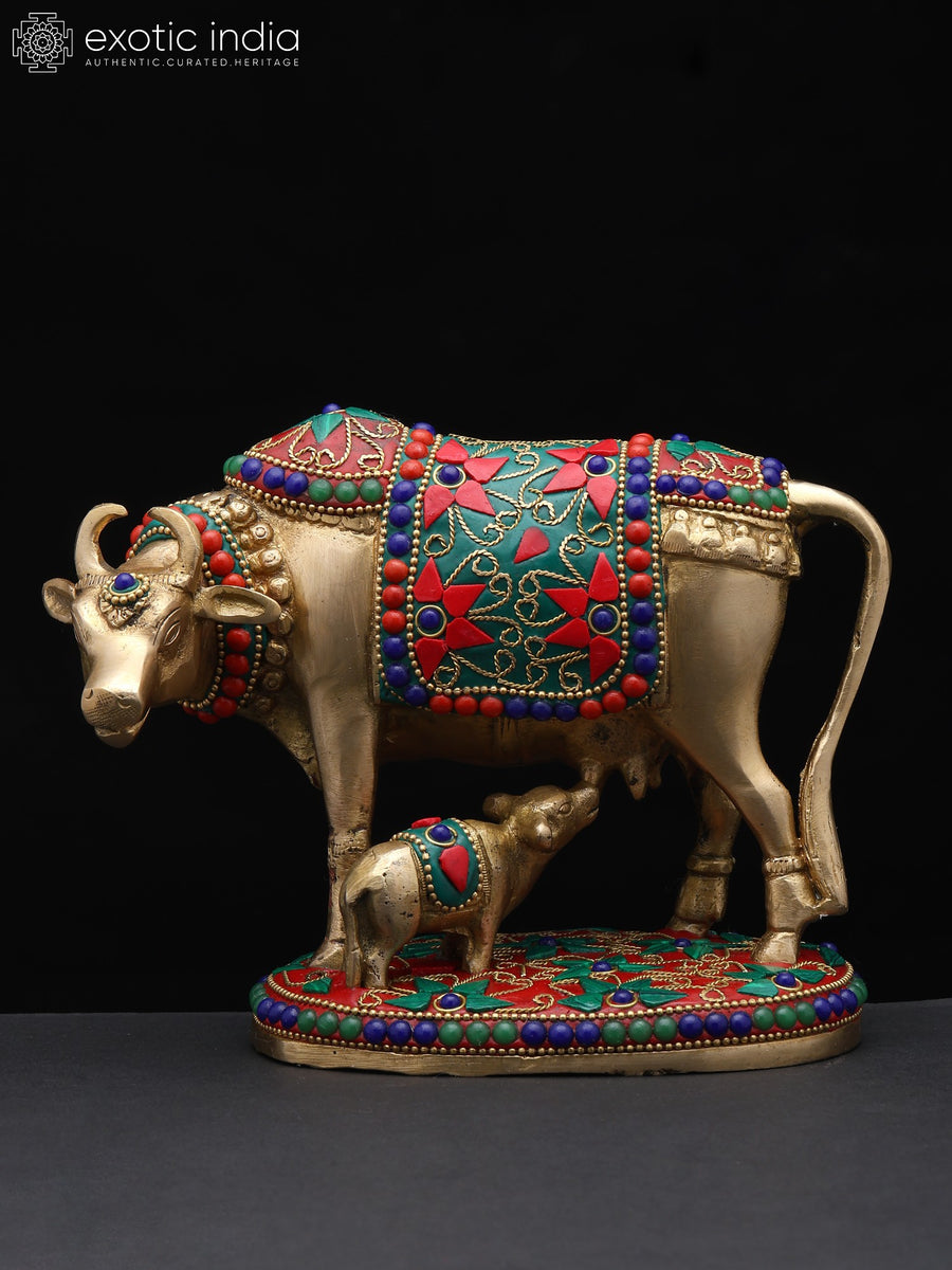 7" Brass Cow and Calf Statue with Inlay Work