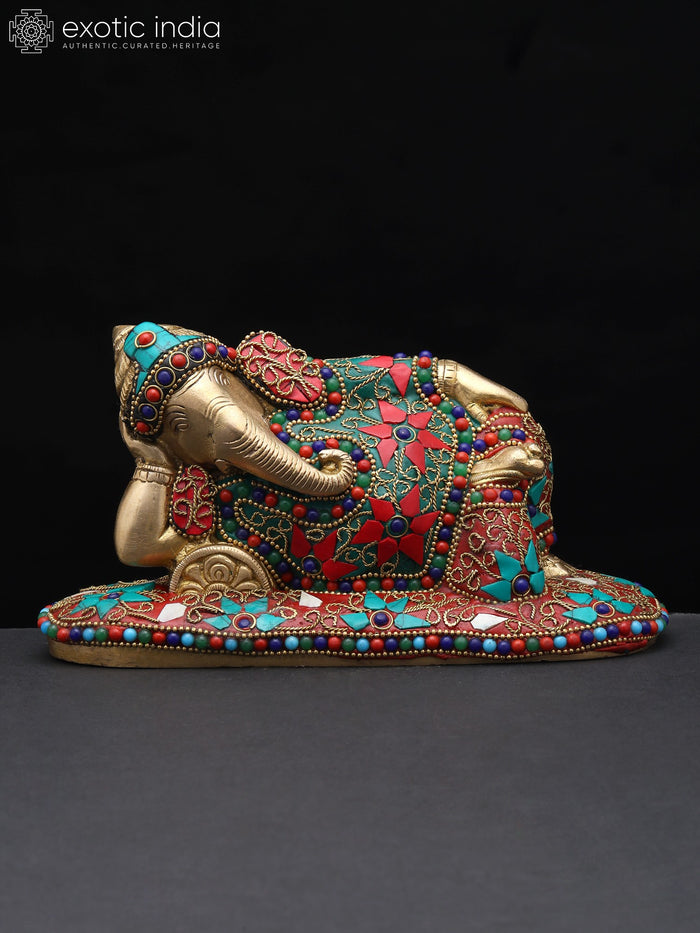 8" Lord Ganesha Brass Statue with Inlay Work for Home Decor