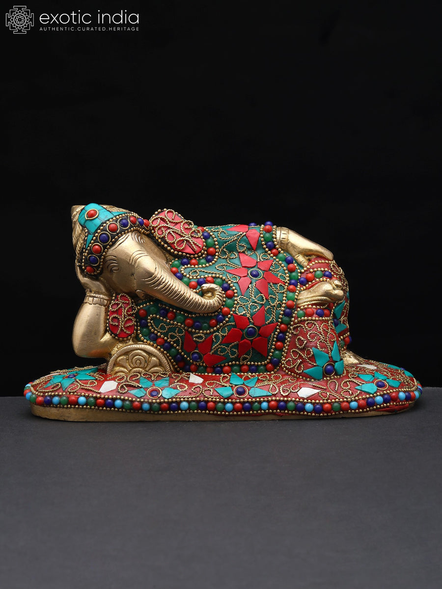 8" Lord Ganesha Brass Statue with Inlay Work for Home Decor