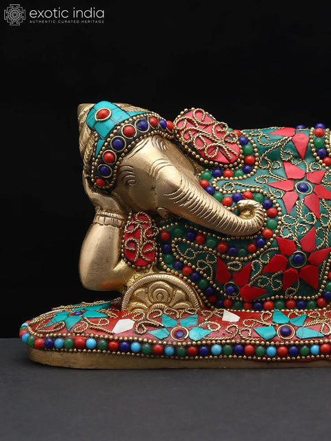 8" Relaxing Lord Ganesha | Brass Statue with Inlay Work