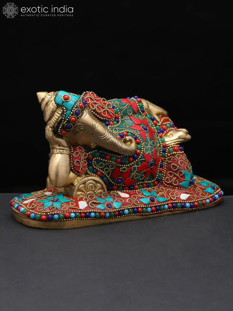 8" Relaxing Lord Ganesha | Brass Statue with Inlay Work