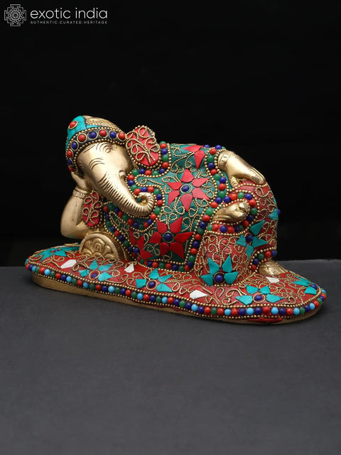 8" Relaxing Lord Ganesha | Brass Statue with Inlay Work