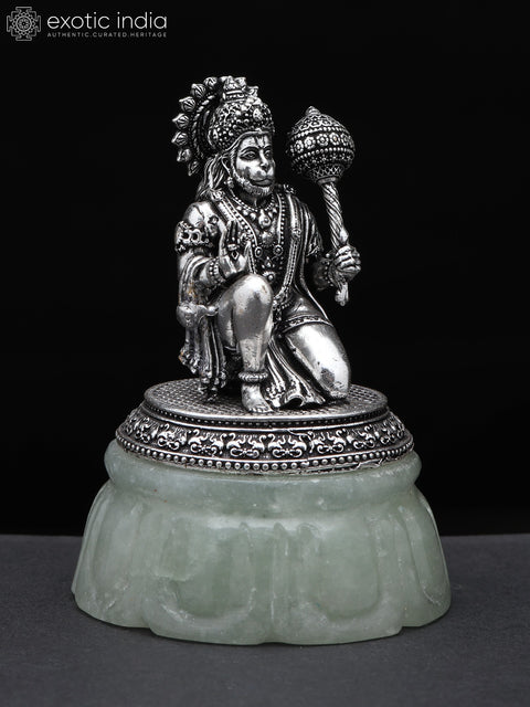3" Small Brass Superfine Blessing Lord Hanuman Seated on Green Aventurine Gemstone Base