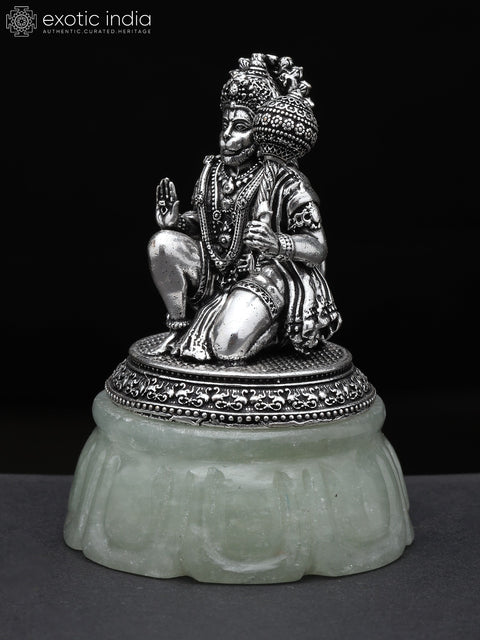 3" Small Brass Superfine Blessing Lord Hanuman Seated on Green Aventurine Gemstone Base