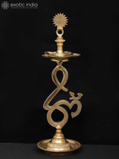 14" Brass Om Aum Oil Lamp Five Wicks for Pooja
