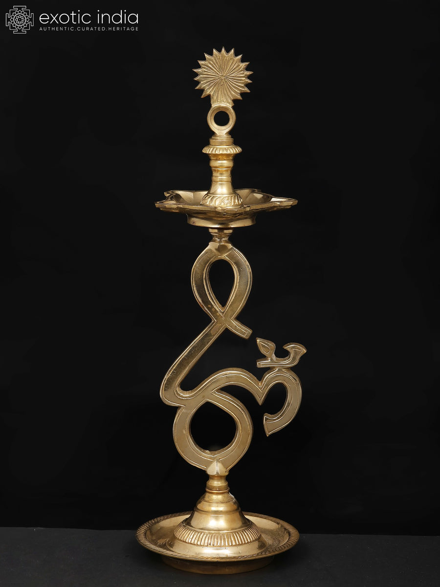 14" Brass Om Aum Oil Lamp Five Wicks for Pooja