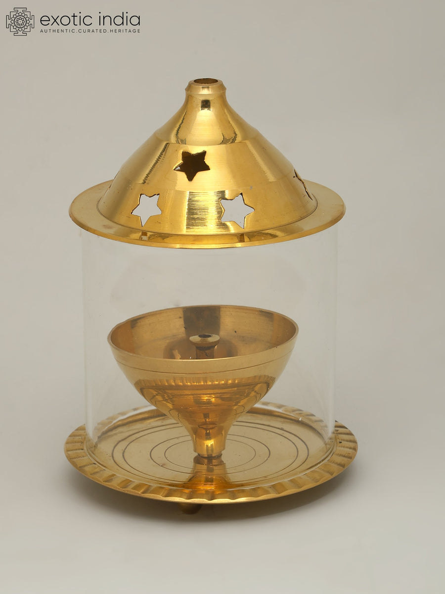 5" Akhand Diya Brass Oil Lamp with Glass Cover for Pooja